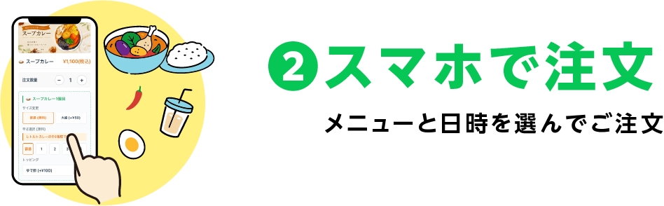 2 スマホで注文：メニューと日時を選んでご注文