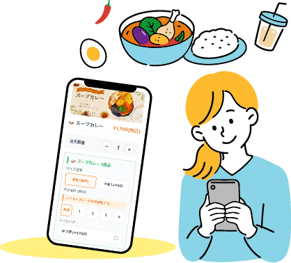 スマホでメニューを選ぶ女性のイラスト